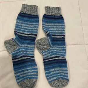 Hand knitted Blue and Gray Striped women socks